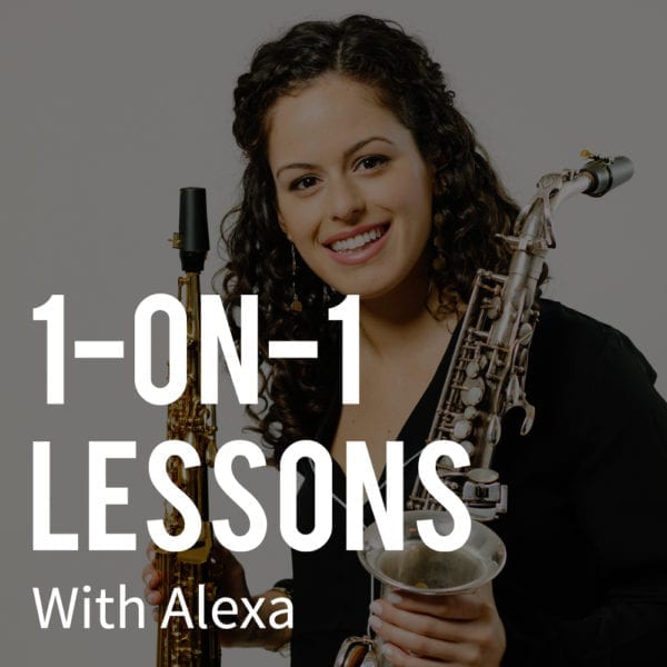 1-on-1 Lessons with Alexa, holding soprano sax and alto sax
