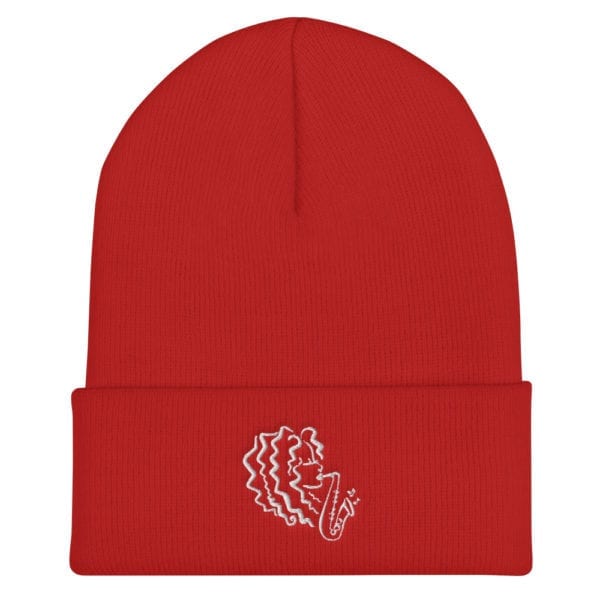 red beanie hat with Alexa Tarantino logo