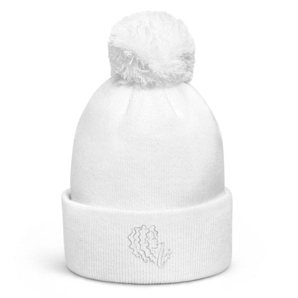 white hat with pom ball and alexa tarantino logo