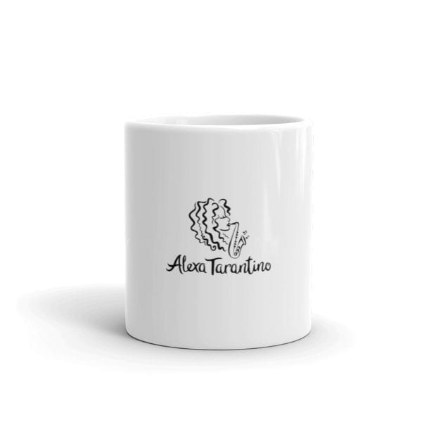 white coffee mug with alexa tarantino logo