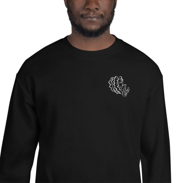 man wearing sweatshirt with Alexa Tarantino logo