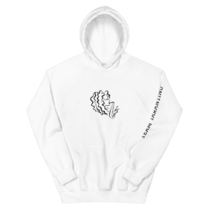 white hoodie with alexa tarantino logo